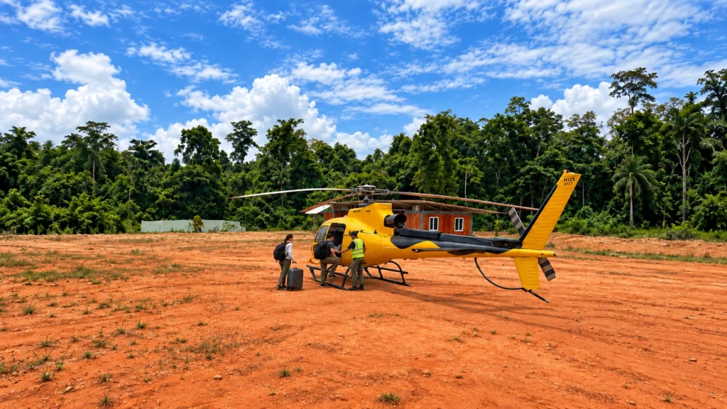 Passagers près d’un hélicoptère sur une piste en Guyane