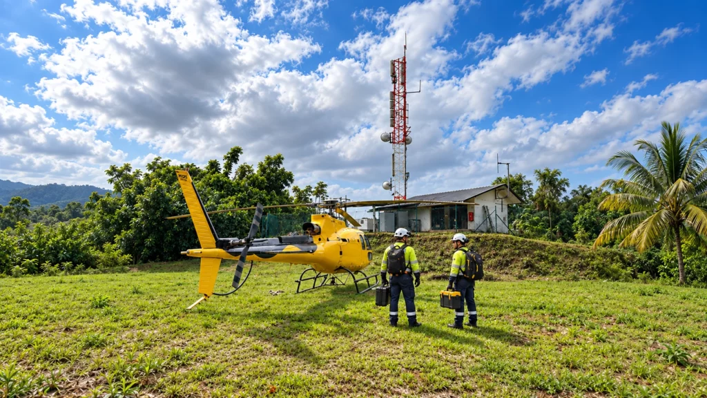 Équipe technique rejoignant un hélicoptère près d’un pylône de télécommunications en Guyane
