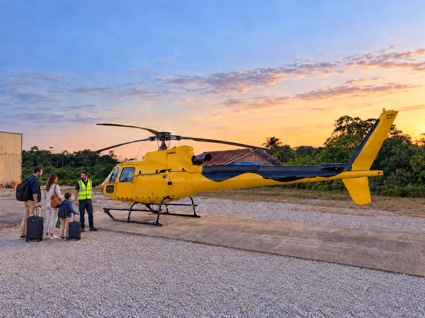 Préparation d’un vol en hélicoptère en Guyane avec les passagers et leurs bagages