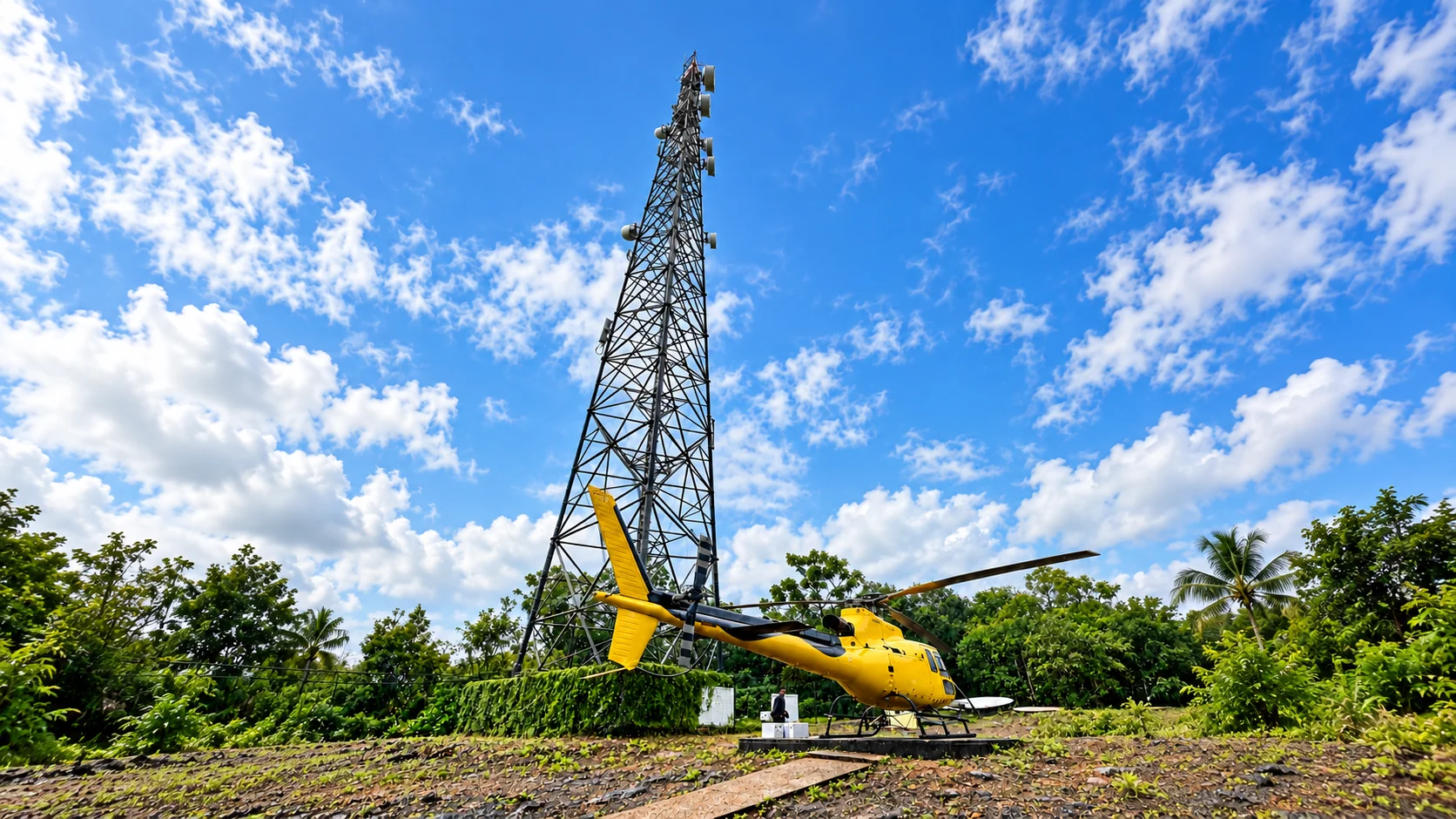 Hélicoptère stationné au pied d’un pylône de télécommunications en Guyane